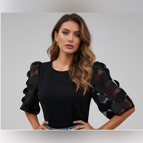 Mesh Appliques Puff Sleeve Blouse Black - Picture 5 of 9